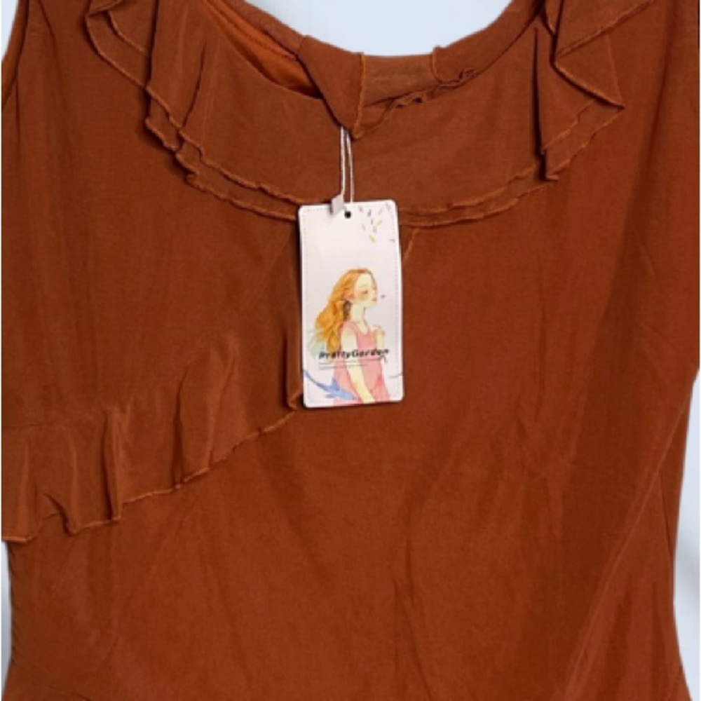 Brown Asymmetrical Ruffled Sleeveless Blouse - Picture 3 of 5